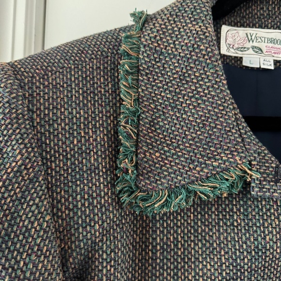 Vintage 90s Silk Cropped Blazer Jacket Fringe Collar Boxy Grandma Chic Large - Picture 3 of 7